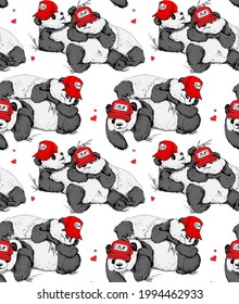 Seamless wallpaper pattern. Two pandas hugging and Resting in a red baseball cap. Funny pose. Humor textile composition, hand drawn style print. Vector illustration.