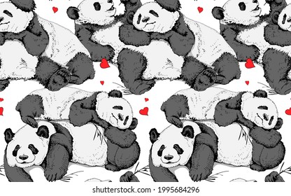 Seamless wallpaper pattern. Two pandas hugging and resting. Funny pose. Humor textile composition, hand drawn style print. Vector illustration.