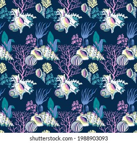 Seamless wallpaper pattern. Underwater world. Corals and shells. Textile composition, hand drawn style print. Vector illustration.