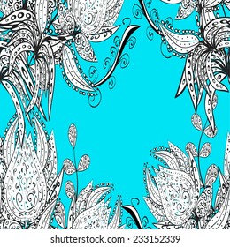 Seamless wallpaper pattern in vintage style on blue background.
