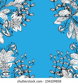 Seamless wallpaper pattern in vintage style on blue background.