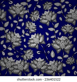 Seamless wallpaper pattern in vintage style on blue background. 