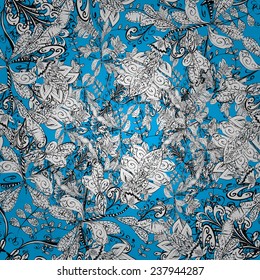 Seamless wallpaper pattern in vintage style on blue background. 