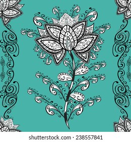 Seamless wallpaper pattern in vintage style on blue background.