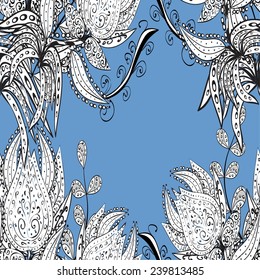 Seamless wallpaper pattern in vintage style on blue background. 