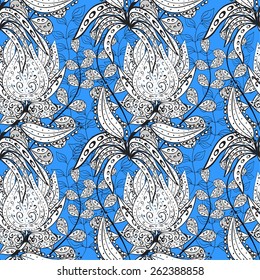 Seamless wallpaper pattern in vintage style on blue background.