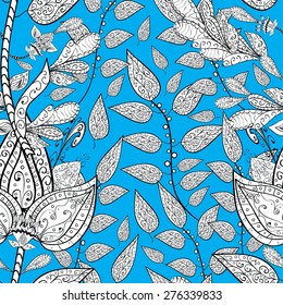 Seamless wallpaper pattern in vintage style on blue background. 