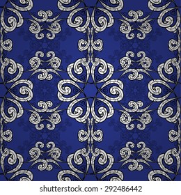 Seamless wallpaper pattern in vintage style on dark blue background. 