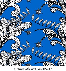 Seamless wallpaper pattern in vintage style on blue background.