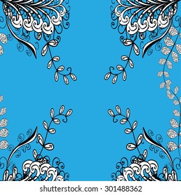 Seamless wallpaper pattern in vintage style on blue background.