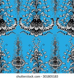 Seamless wallpaper pattern in vintage style on blue background.