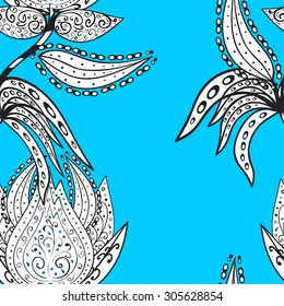 Seamless wallpaper pattern in vintage style on blue background.