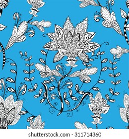 Seamless wallpaper pattern in vintage style on blue background. Doodles flower. Doodles bud. 