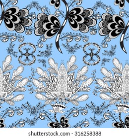 Seamless wallpaper pattern in vintage style on light blue background. 