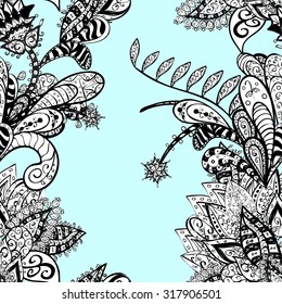 Seamless wallpaper pattern in vintage style on light blue background. 