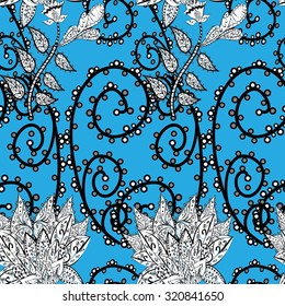 Seamless wallpaper pattern in vintage style on light blue background.
