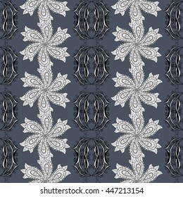 Seamless wallpaper pattern in vintage style on dark blue background.