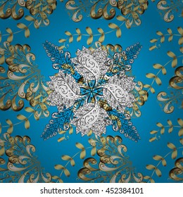 Seamless wallpaper pattern in vintage style on blue background.