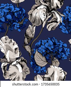 Seamless wallpaper pattern. White gold Iris, blue Hydrangea flowers and buds. Textile composition, hand drawn style print. Vector illustration.