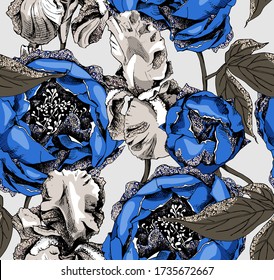 Seamless wallpaper pattern. White gold Iris, blue Peony flowers and buds. Textile composition, hand drawn style print. Vector illustration.