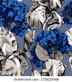 Seamless wallpaper pattern. White gold Iris, blue Hydrangea flowers and buds. Textile composition, hand drawn style print. Vector illustration.
