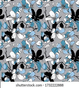 Seamless wallpaper pattern. White-blue Cherry flowers, bud, leaves, branches on a gray background. Textile composition, hand drawn style print. Vector illustration.