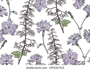 Seamless wallpaper pattern. Wildflowers. Blooming grass. Coral bells (Heuchera) and Pink (Dianthus campestris). Textile composition, hand drawn style print. Vector illustration.