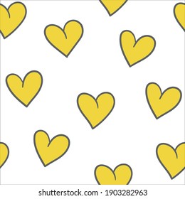 Seamless wallpaper pattern. Yellow hearts. Isolated on white.