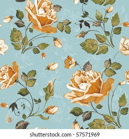 Seamless wallpaper pattern with of yellow roses on blue background, vector illustration