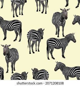 Seamless wallpaper pattern. Zebras animal on a yellow background. Textile composition, hand drawn style print.