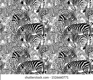 Seamless wallpaper pattern. Zebras and leopards. Textile composition, hand drawn style print. Vector black and white illustration.