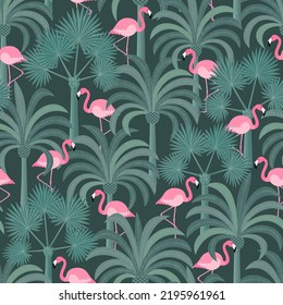 Seamless wallpaper of pink flamingos in a lush tropical palm grove