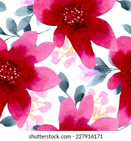 Seamless wallpaper with  pink flowers, watercolor illustration