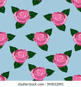 seamless wallpaper pink roses on a blue background with leaves