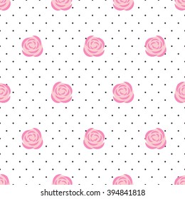 Seamless wallpaper pink roses on polka dots background. Floral seamless pattern. Design for fabric and decor. Vector decorative illustration.