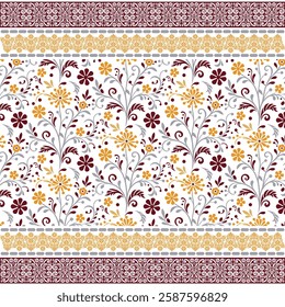 seamless wallpaper print with floral pattern and traditional embroidery motif border
