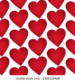 Seamless wallpaper of red hearts in the form of clover on a white background.Pattern for Valentine's Day