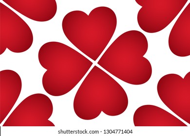Seamless wallpaper of red hearts in the form of clover on a white background.Pattern for Valentine's Day