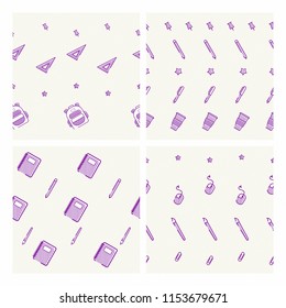 Seamless wallpaper set with School elements. notebook, pencil, pen, ruler, cup, pin, backpack. decorative line art design on bright background.