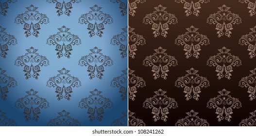 seamless wallpaper set vector curves vintage background blue brown damask