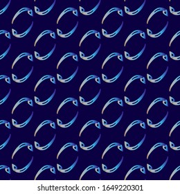Papel pintado sin inconveniente. Pequeños peces de colores curvados en forma de doodle forman un patrón diagonal en forma de elipses sobre un fondo azul oscuro. Tracería vectorial con efecto de brillo y degradado de color