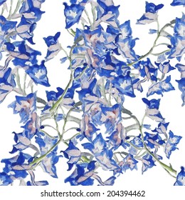 Seamless wallpaper with Summer blue flowers, watercolor illustration 