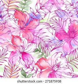 Seamless wallpaper with summer flowers. Watercolor painting