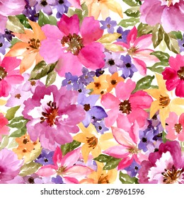 Seamless wallpaper with summer flowers. Watercolor painting