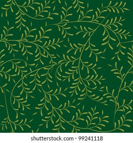 Seamless wallpaper tile pattern, olive tree branches with leaves on dark green background, vector illustration