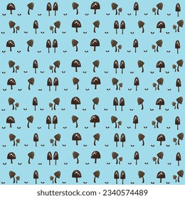 Seamless wallpaper with various styles of cute brown cartoon mushrooms on a blue background for printing on fashion fabrics and printed goods.