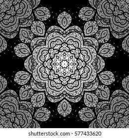 Seamless Wallpaper, Vector Background. Snowflake, Christmas, New Year. Luxury background. Vintage pattern. Floral. Black background. White mandala. Radial gradient shape.