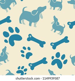 seamless wallpaper vector pattern of cute polka dot dachshund puppy with paw prints and bones in blue on beige background