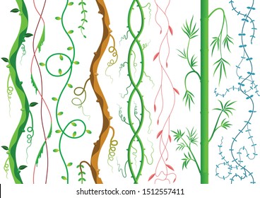 Seamless wallpaper. Vine jungle branches hanging. Climber sets isolated on white background. Vector illustration