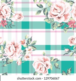 seamless wallpaper vintage flower rose with check pattern background